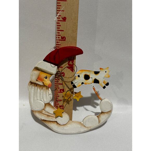 Vintage Santa Jumping Over the Moon Christmas Ornament Wood Country folk art - Picture 4 of 4